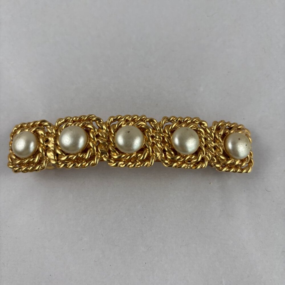 VTG Barrette Faux Pearl Gold Tone Square Rope Hair Clasp France